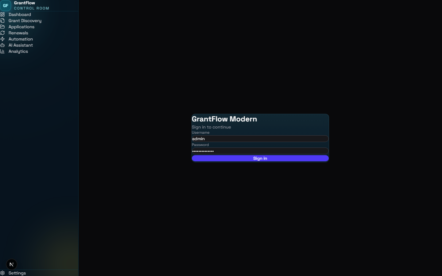 GrantFlow Modern Login Screen